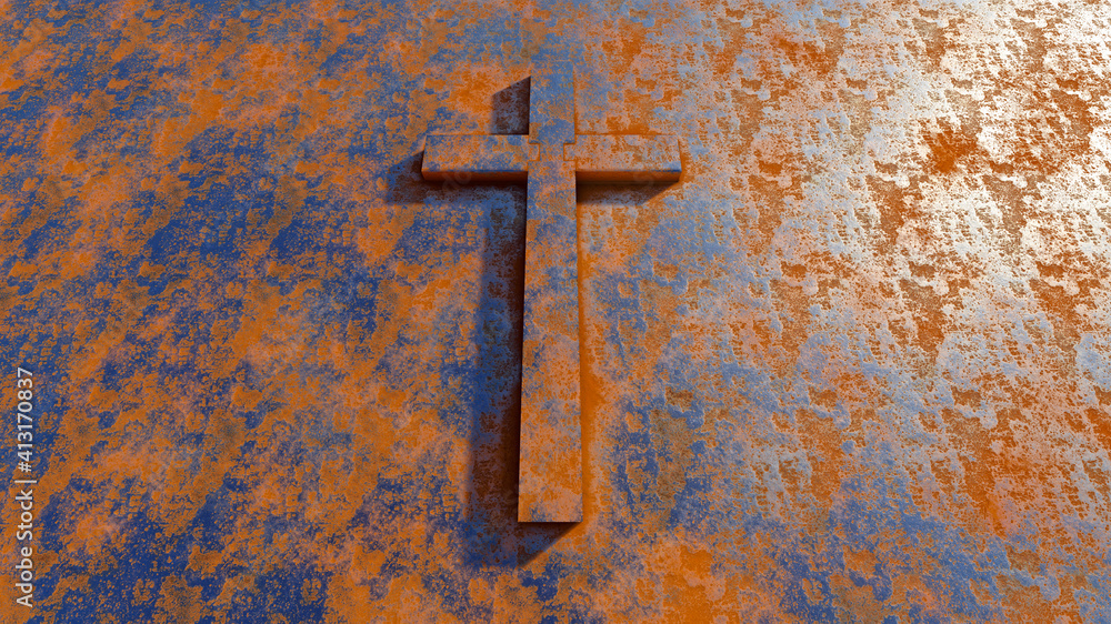 Concept or conceptual metal cross on a  rusted corroded metal or steel sheet background. 3d illustration metaphor for God, Christ, religious, faith, holy, spiritual, Jesus, belief or resurection