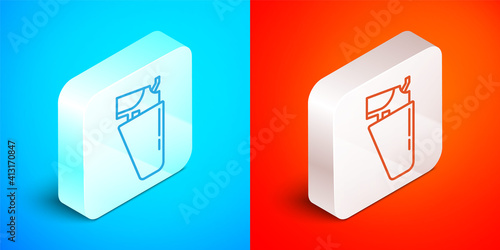 Isometric line Revolver gun in holster icon isolated on blue and red background. Silver square button. Vector.