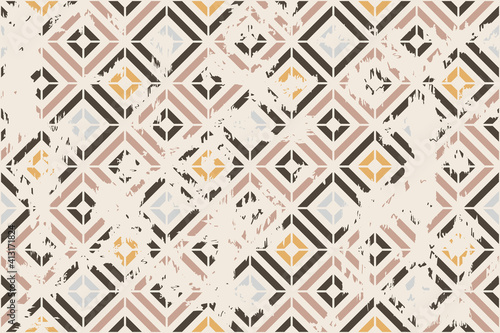 Seamless geometric pattern with an effect of attrition. Abstract retro vector texture. Vintage shabby carpet. Lattice graphic design. Vector tiles pattern in brown and beige.