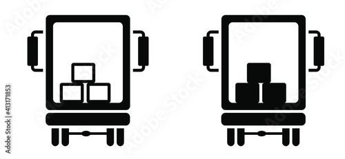 Loading and unloading. Delivery icon. unloading or loading boxes from truck. Work in logistics, shipping. Boxes of goods for import and export. Flat vector trucks pictogram. Warehouse icons