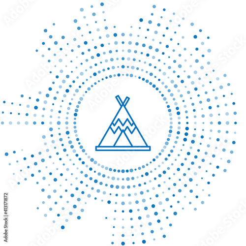 Blue line Traditional indian teepee or wigwam icon isolated on white background. Indian tent. Abstract circle random dots. Vector.