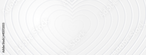 3d white rippled hearts with soft shadow on light BG from center. Abstract el...