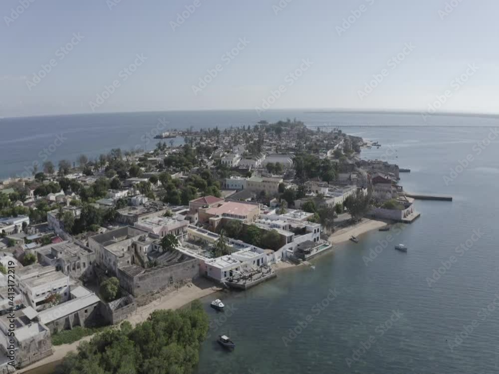 A drone flight over the island of Mozambique. Africa, sea and village A drone flight over the island of Mozambique. Africa, sea and village