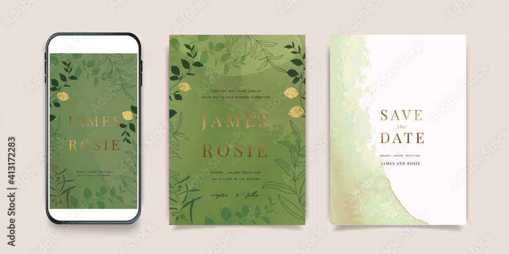 Luxury Green Social Media, mobile Wedding invite frame templates ...