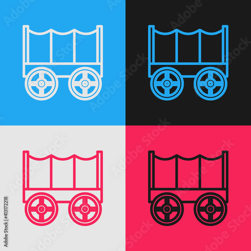 Pop art line Wild west covered wagon icon isolated on color background. Vector.