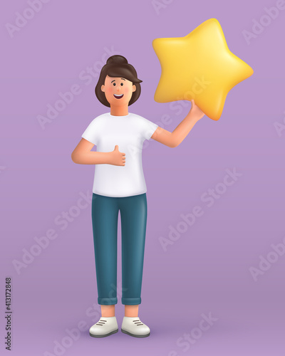 3D cartoon character. Young woman holding star. Customer review rating and client feedback concept.