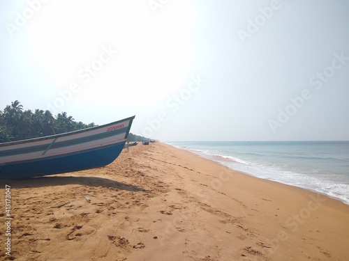 Fishing boats on the seashore, seascape view Thiruvananthapuram Kerala