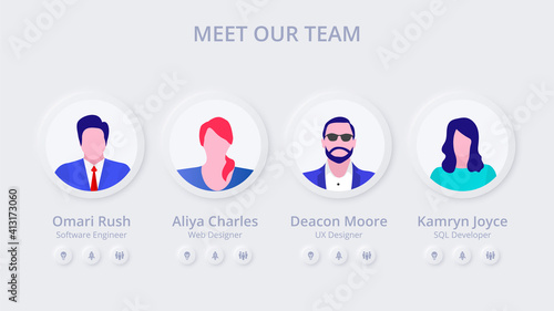 Neumorphism template of our business team. Skeuomorph presentation concept slide