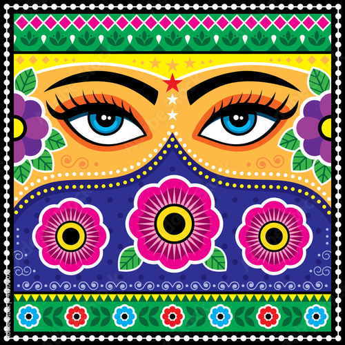 Pakistani or Indian truck art vector pattern, with female eyes, flowers, leaves and abstract shapes
 