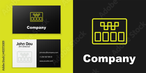 Logotype line Taximeter device icon isolated on black background. Measurement appliance for passenger fare in taxi car. Logo design template element. Vector.
