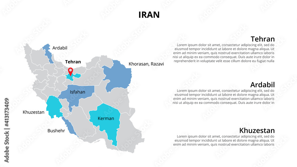 Iran vector map infographic template divided by states, regions or provinces. Slide presentation