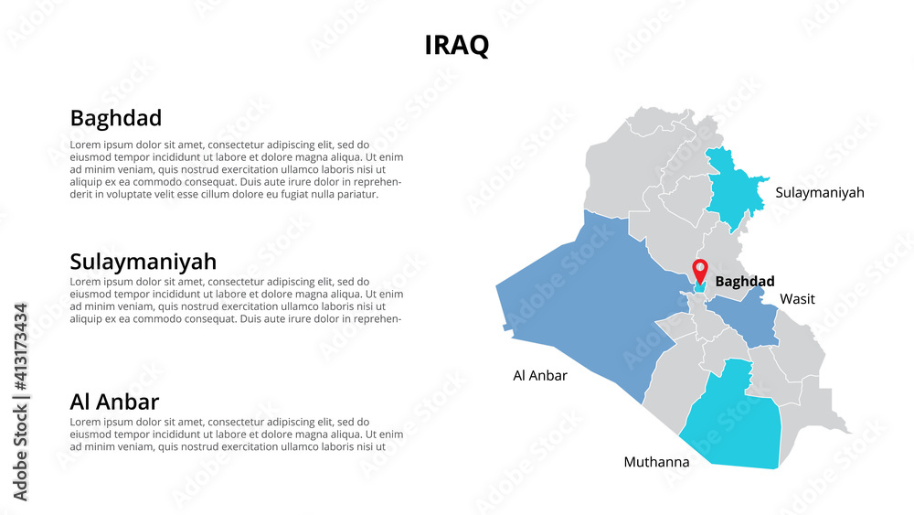 Iraq vector map infographic template divided by states, regions or provinces. Slide presentation Iraq vector map infographic template divided by states, regions or provinces. Slide presentation