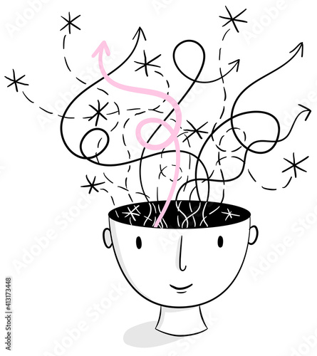 Head Spaces – Black and white line illustration a hand-drawn head with ideas and thoughts raising from its head. Creativity, brainstorming, collaboration, inspiration