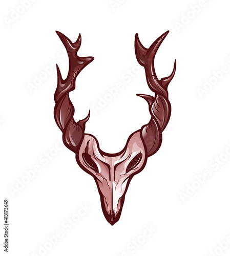 Isolated animal skull with branched horns. Design