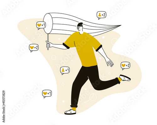 A man wants more likes and followers on social media. Feedback concept. Vector illustration for telework, remote working and freelancing concept, business, start up.
