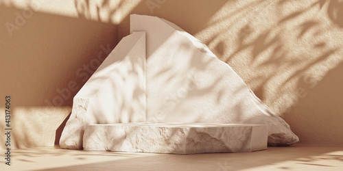 Minimal abstract cosmetic background with stone slabs podium for product presentation. Sunshade shadow on beige wall. 3d rendering mock-up.