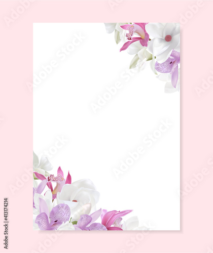 Love letter blank template with magnolia, orchid flower on background. Holiday beautiful vertical vector design a4 format useful for wedding invitation, romantic note © Shiny777