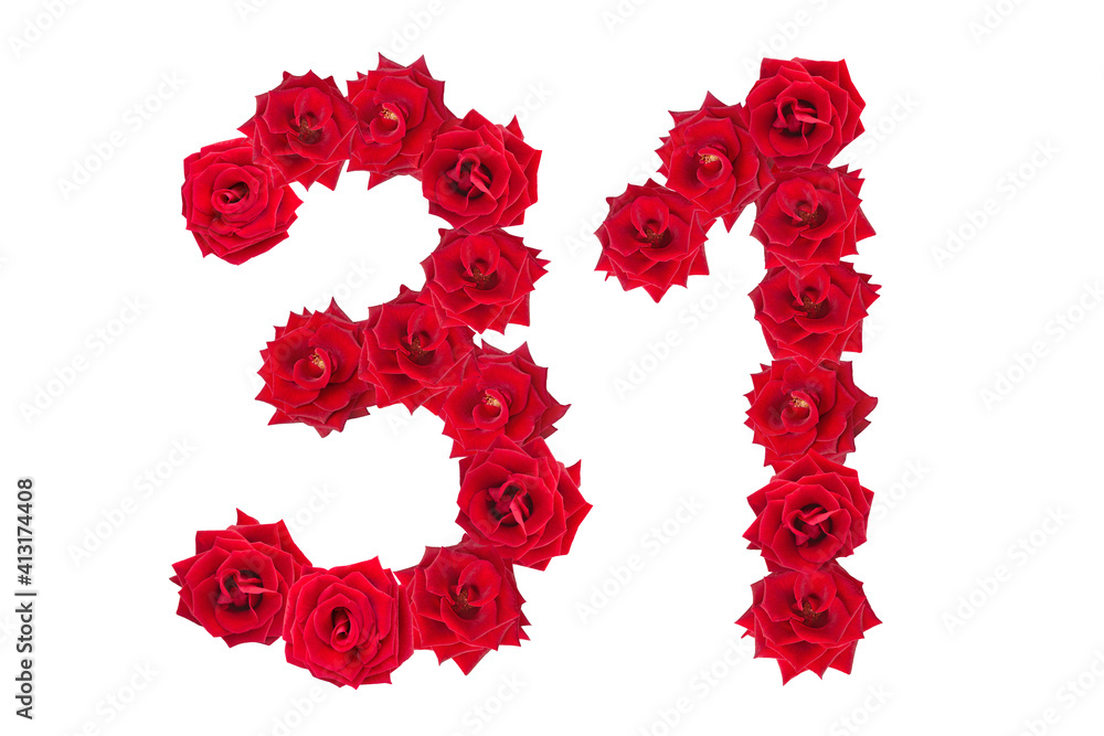 Numeral 31 made of red roses on a white isolated background. Element for decoration. Red roses. Numeral 31 made of red roses on a white isolated background. Element for decoration. Red roses.