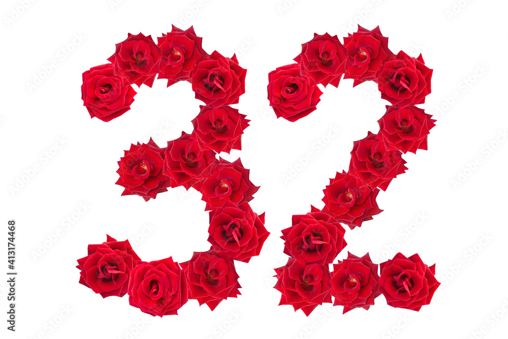 Numeral 10 made of red roses on a white isolated background. Element for decoration. Thirty two. Red roses. Numeral 10 made of red roses on a white isolated background. Element for decoration. Thirty two. Red roses.