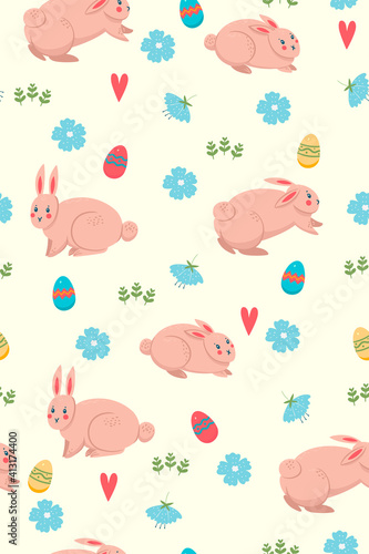 Spring seamless pattern with bunnies. Vector graphics.