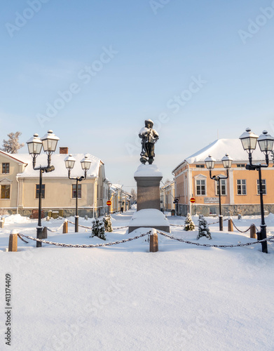 Main square of Raahe old town in winter time