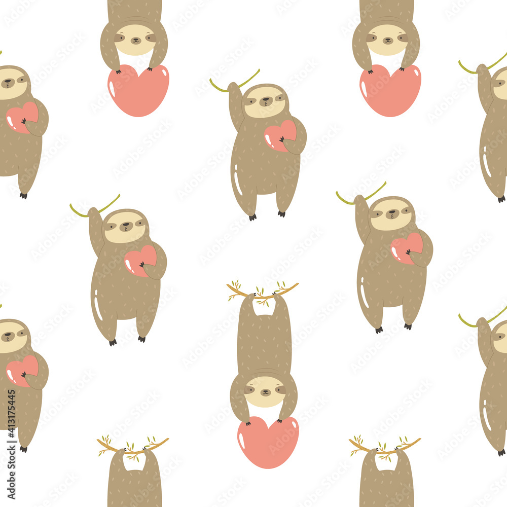 Obraz premium Seamless pattern with cute sloths hanging on a tree.