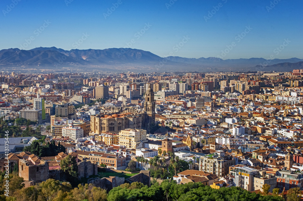 Scenic view of Malaga city in Spain. Travel the Spain in summer. Cityscape of Malaga.