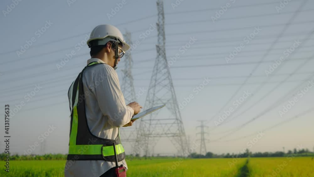 Electrical engineer worker in helmet working near tower with electricity. business energy technology industry concept. electrician studying reading documents on a tablet
Electrical engineer worker in helmet working near tower with electricity. business energy technology industry concept. electrician studying reading documents on a tablet