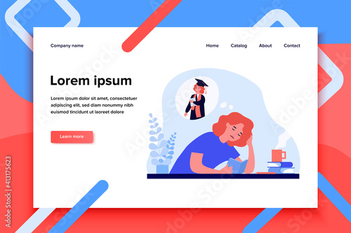 Tired woman learning for sake of diploma. Book, coffee, student flat vector illustration. Education and homework concept for banner, website design or landing web page
