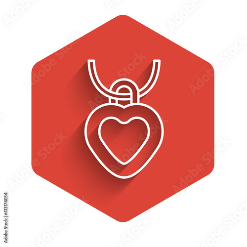 White line Necklace with heart shaped pendant icon isolated with long shadow. Jewellery decoration. International Happy Women Day. Red hexagon button. Vector.