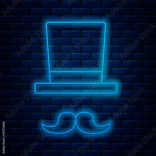 Glowing neon line Magician icon isolated on brick wall background. Vector.