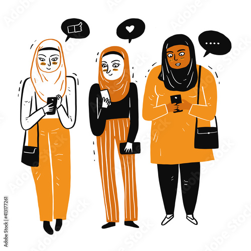 Muslim women gathered together Use the smart phone