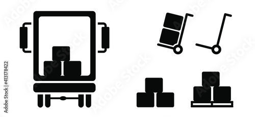 Loading and unloading. Delivery icon. unloading or loading boxes from truck. Work in logistics, shipping. Boxes of goods for import and export. Flat vector trucks pictogram. Warehouse icons. Pallet.