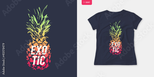 Summer graphic womens tee with pineapple, stylish print, vector illustration