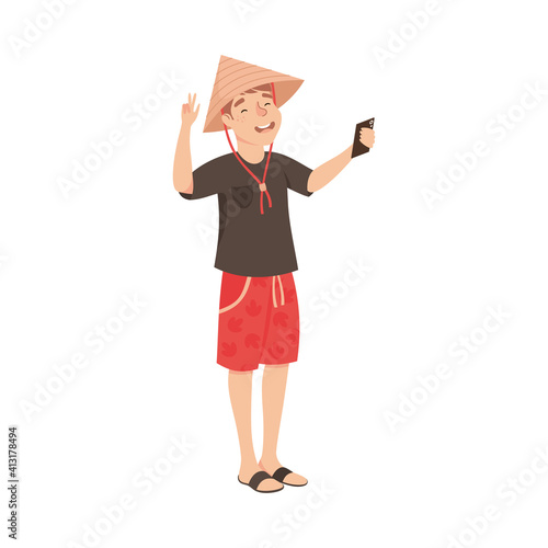 Happy Young Man Tourist Making Selfie, Man Wearing Chinese Conical Straw Hat Travelling on Summer Vacation Cartoon Vector Illustration