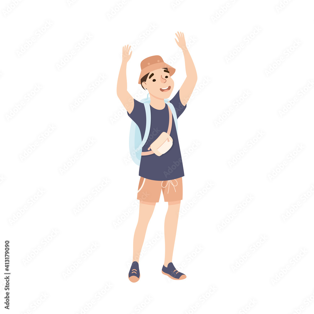 Happy Young Man Tourist with Backpack Visiting Sights, Man Visiting New Countries and Travelling on Summer Vacation Cartoon Vector Illustration Happy Young Man Tourist with Backpack Visiting Sights, Man Visiting New Countries and Travelling on Summer Vacation Cartoon Vector Illustration