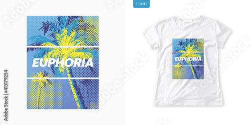 Summer graphic womens tee with palm trees, stylish print, colorful vector illustration