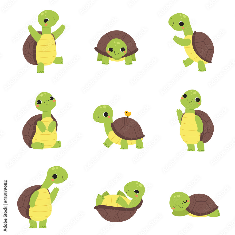 Happy Green Turtle Walking, Waving Paw and Sleeping Vector Set Happy Green Turtle Walking, Waving Paw and Sleeping Vector Set