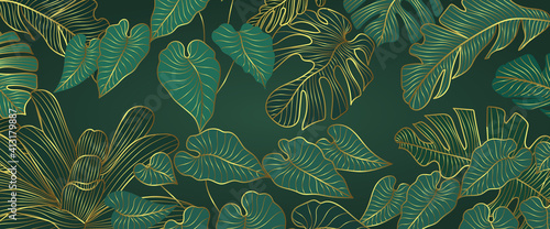Botanical wall art vector set. Golden foliage line art drawing with  abstract shape.  Abstract Plant Art design for wall framed prints, canvas prints, poster, home decor, cover, wallpaper.