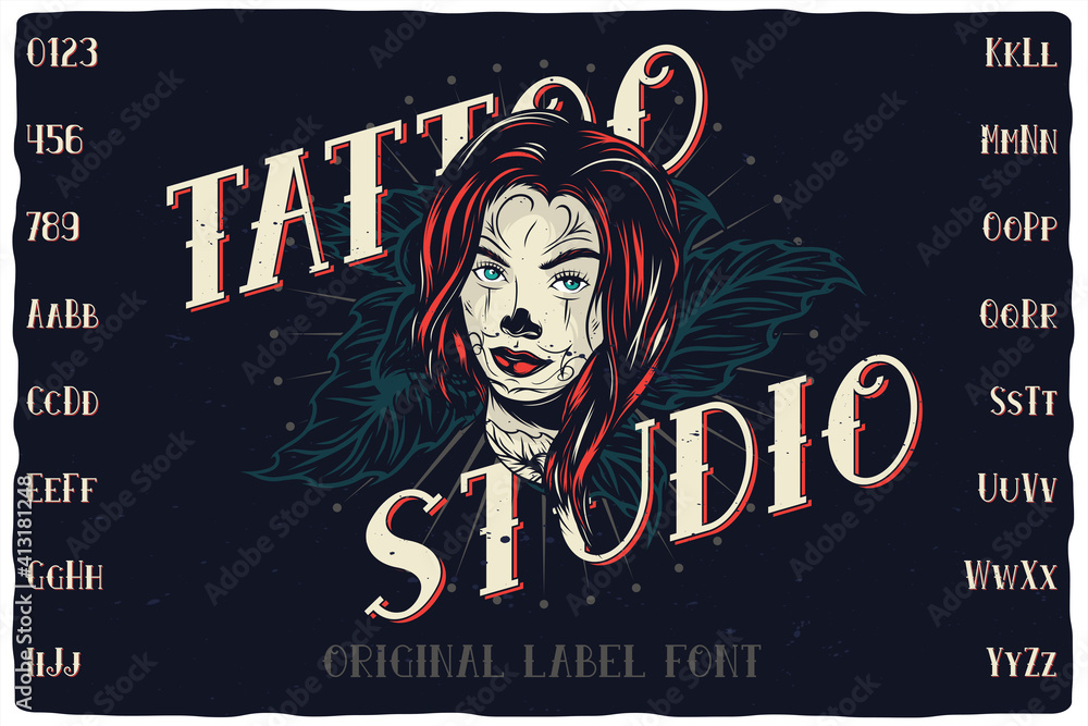 Vintage label font named Tattoo Studio. Retro typeface with letters and numbers for any your design like posters, t-shirts, logo, labels etc. - obrazy, fototapety, plakaty 
