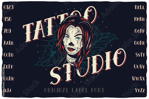 Vintage label font named Tattoo Studio. Retro typeface with letters and numbers for any your design like posters, t-shirts, logo, labels etc.