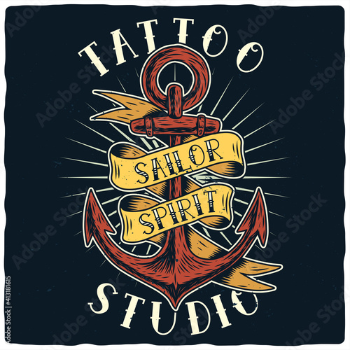 T-shirt or poster design with illustration of anchor and ribbon