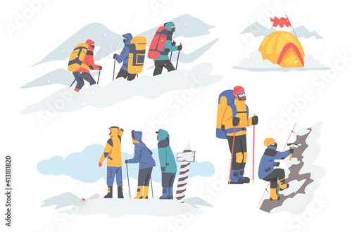 People Characters with Backpacks Ascending Mountains Covered with Snow and Ice Vector Illustration Set