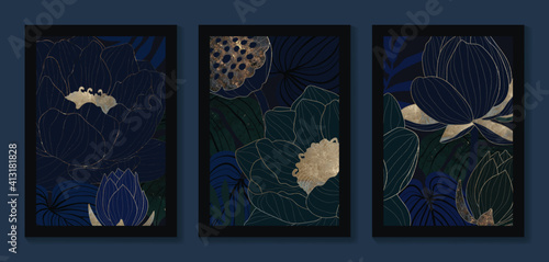 Luxury gold wallpaper.  Black and golden background. lotus wall art design with dark blue and green color, shiny golden light texture. Modern art mural wallpaper. Vector illustration.