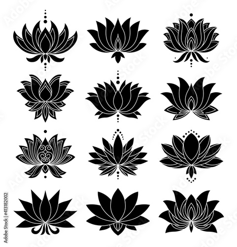 otus icons set. Blooming flowers. Monochrome blooming plants, various petals black symbols. Blossom, aquatic plant vector elements for web