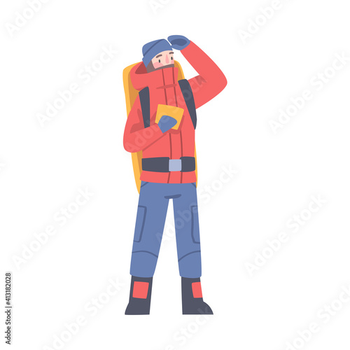 Man Character with Backpack Searching for Route Vector Illustration
