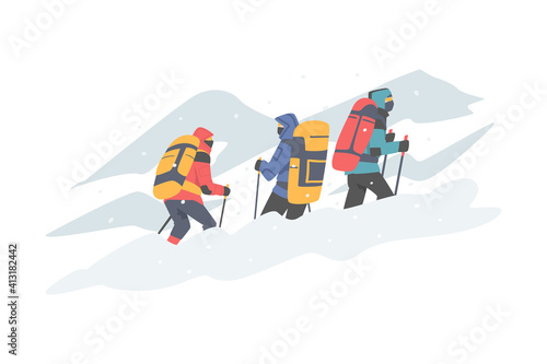 Group of People with Backpack Ascending Mountain Vector Illustration