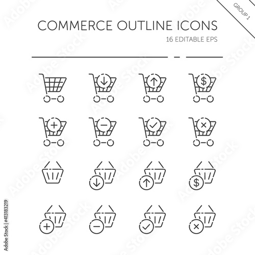 Commerce thin line icon set. Shopping cart and basket. Store web. Outline vector illustration