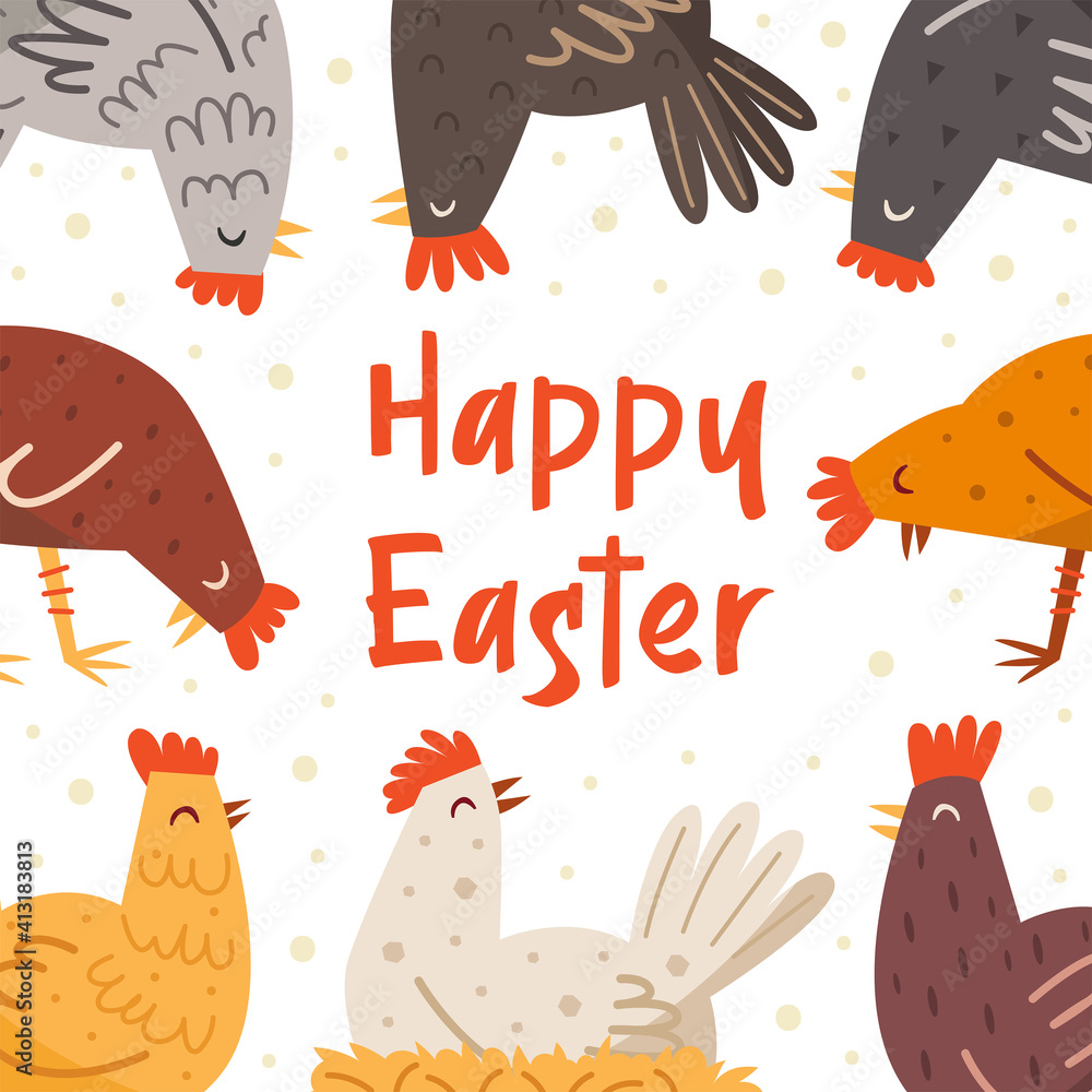 Happy Easter illustration, banner, greeting card design. Lettering, text. Hen, bird, domestic animal. Farm.
