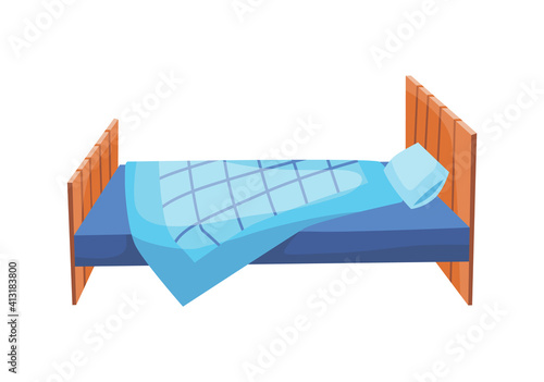 Bed cartoon. Vector illustration of color bed with pillow and cover. Icon of furniture